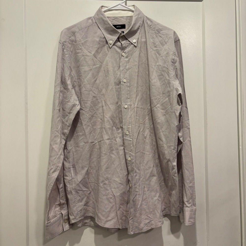 Hugo Boss Slim Fit Geometric Button Down Shirt XL White Tan Micro Pattern